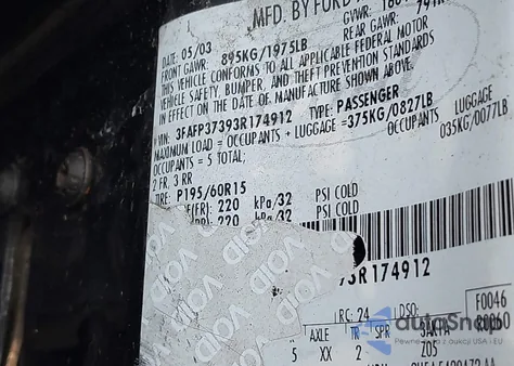 2003 Ford Focus Zx5 z USA, uszkodzony, nr VIN 3FAFP37393R174912